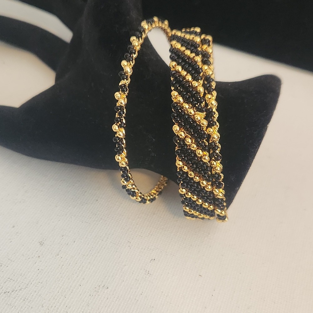 Black and Gold Seed Bead Bangle Bracelet Set of 3 Diagonal Stripe pattern